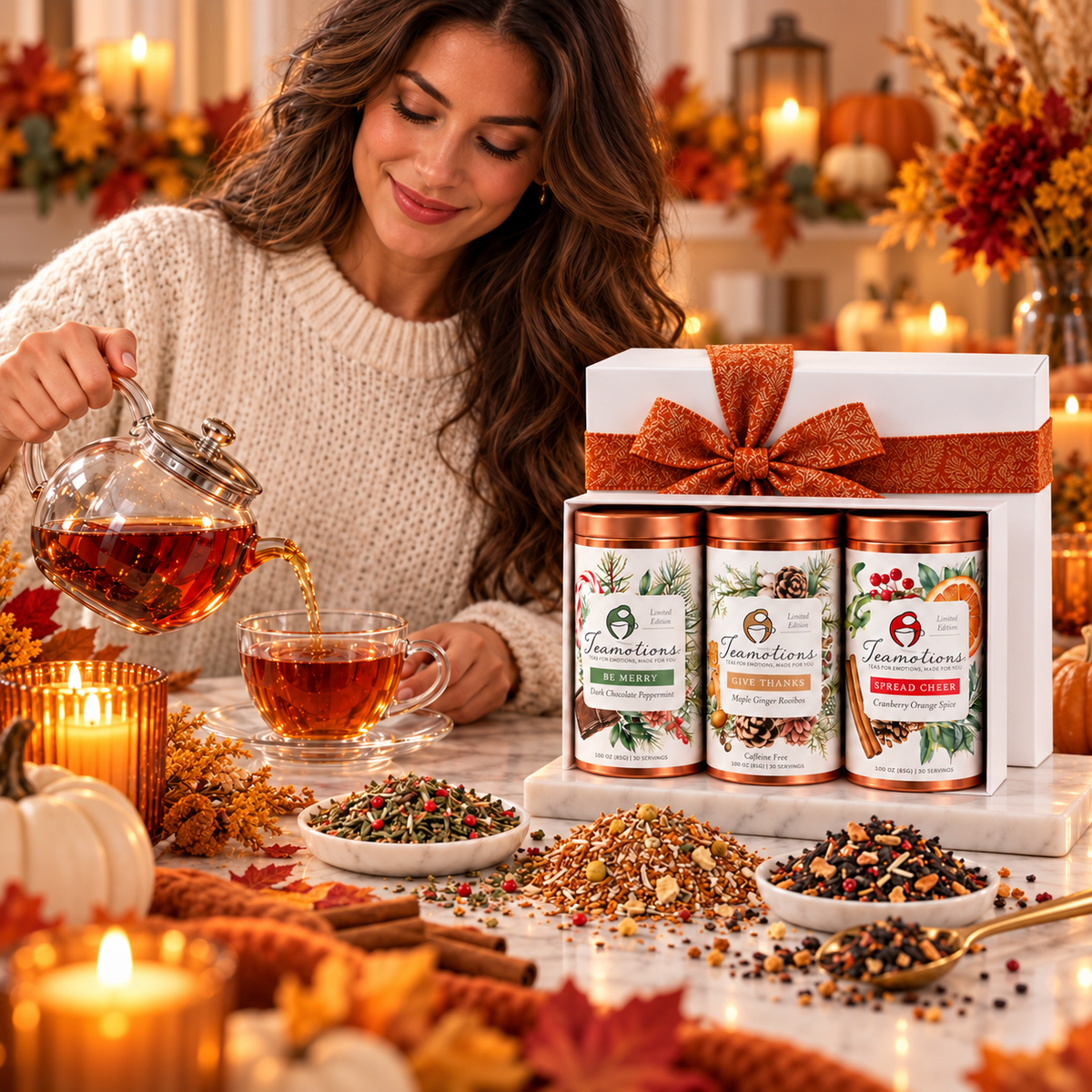 Pouring tea beside the Holiday Trio gift box