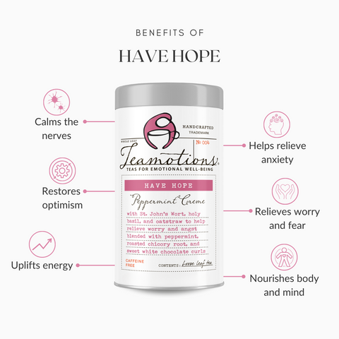 Tin of 'Have Hope' peppermint tea with benefits like calming nerves and relieving anxiety.