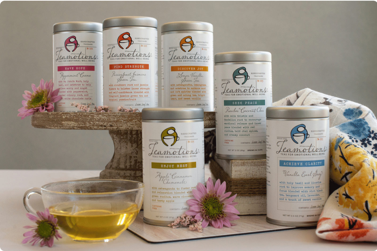 Six botanical sprigs, one per Teamotions blend