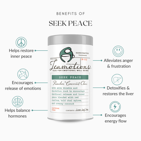 Tea canister labeled 'Seek Peace' with benefits like emotional release and liver detoxification.