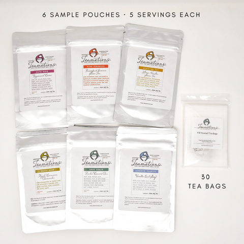 Six sample tea pouches and thirty tea bags arranged on a light background.